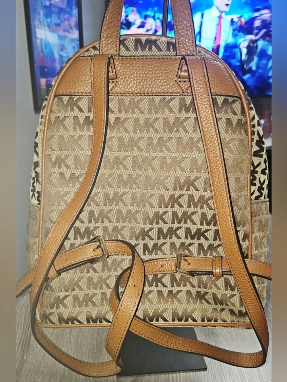 Auth. Michael Kors Abbey MK Signature Jaquard Backpack Beige/Ebony Medium